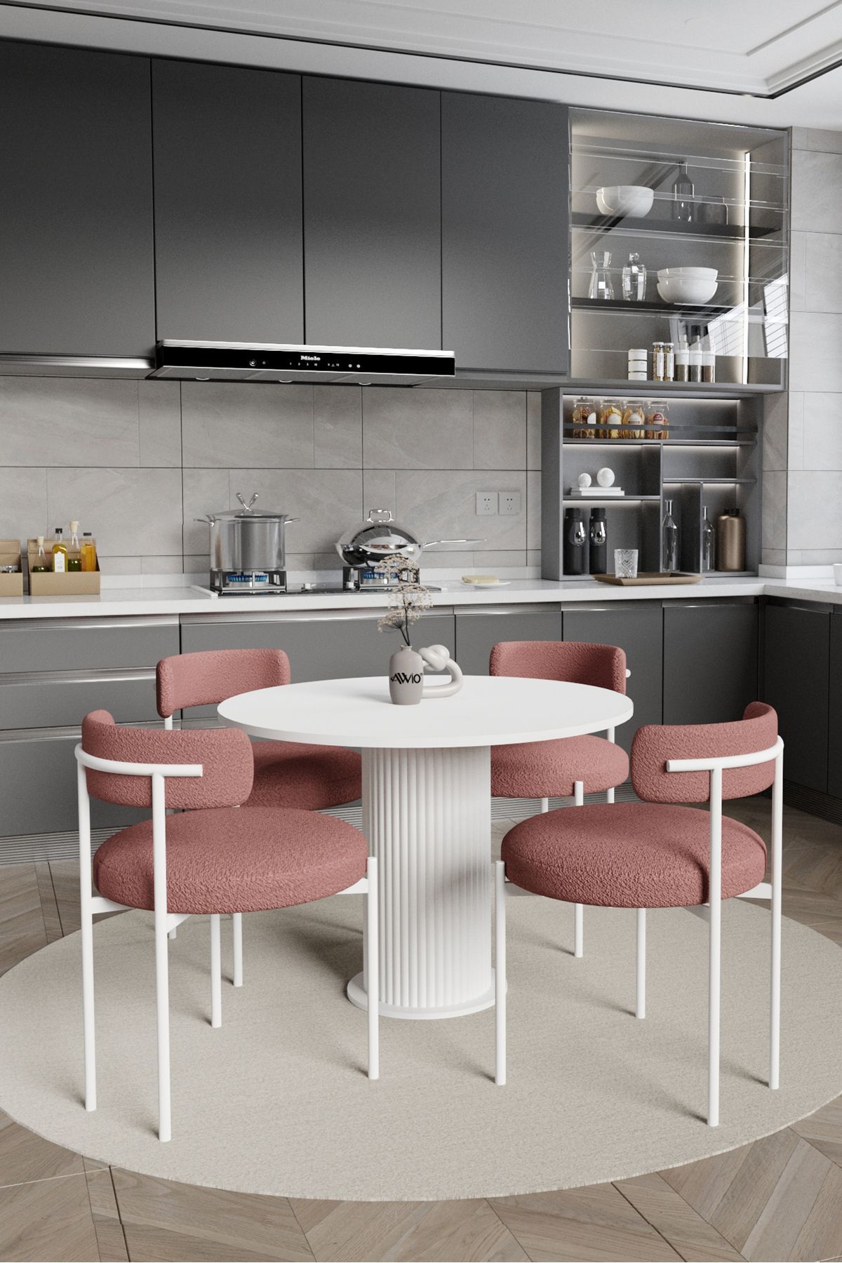 Sweet Pink Dreams Bohem Lake Mdf Ayak 4'lü Teddy Sandalye 90x90 Masa Sandalye Takımı