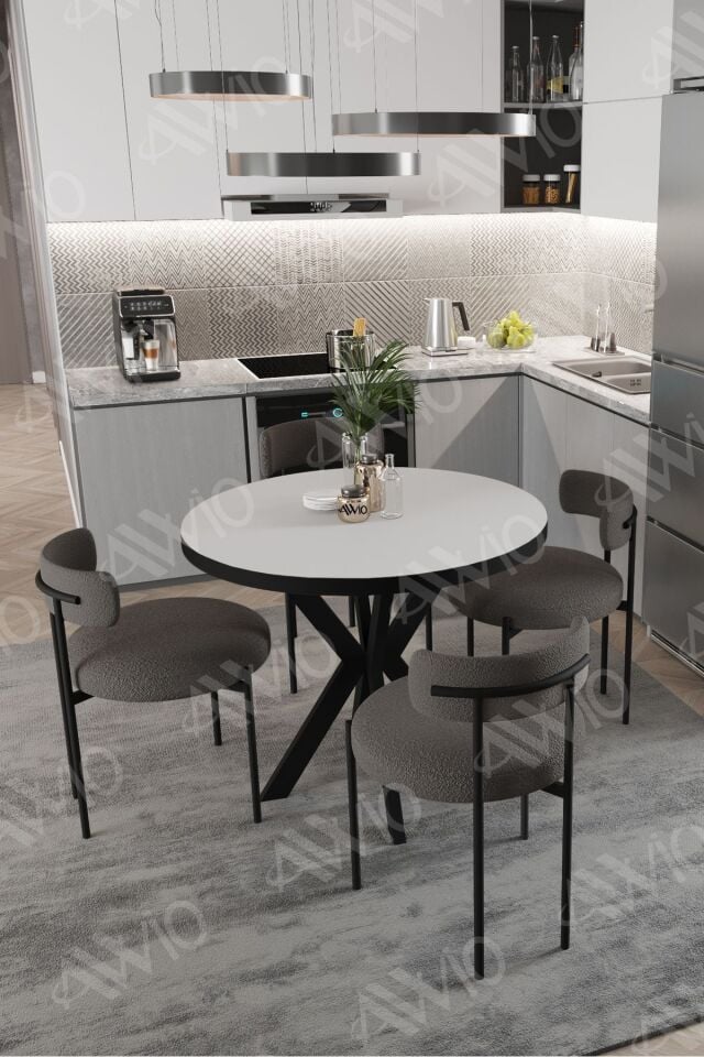 Loan Teddy Sandalye 90x90 Yuvarlak Yemek Masası Mutfak Masası 4 Kişilik Masa Sandalye Takımı