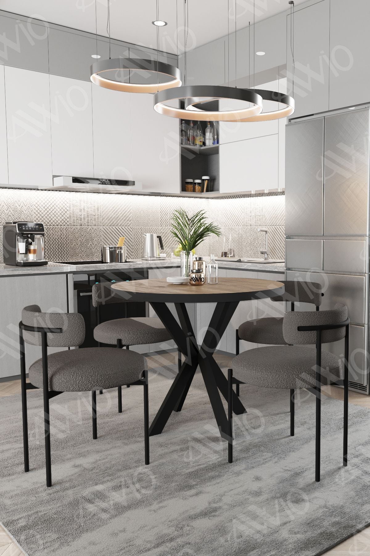 Loan Teddy Sandalye 90x90 Yuvarlak Yemek Masası Mutfak Masası 4 Kişilik Masa Sandalye Takımı