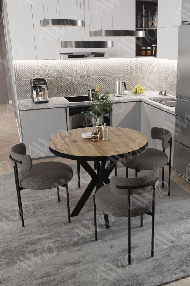 Loan Teddy Sandalye 90x90 Yuvarlak Yemek Masası Mutfak Masası 4 Kişilik Masa Sandalye Takımı