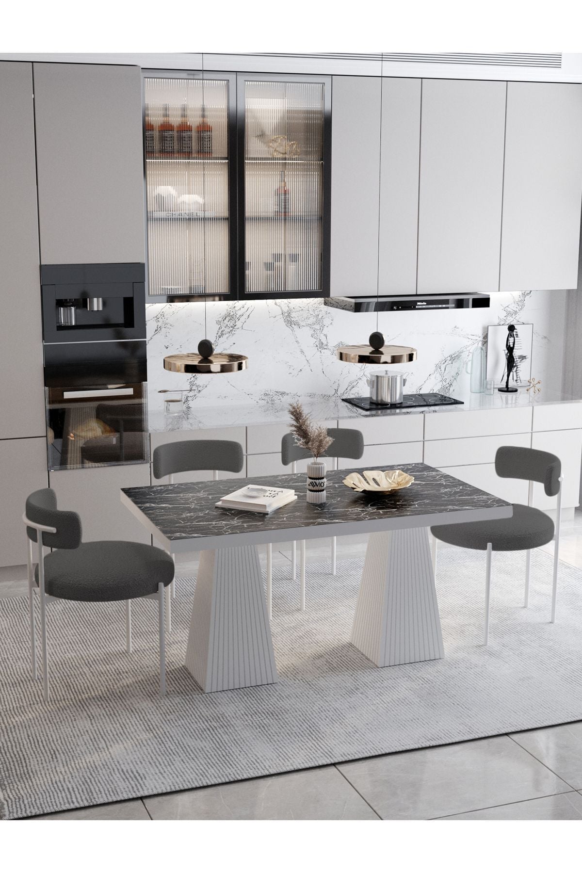 LUCİNA Lake MDF Ayak Teddy Sandalye 80x140 Yemek Masası Mutfak Masası 4 Kişilik Masa Sandalye Takım