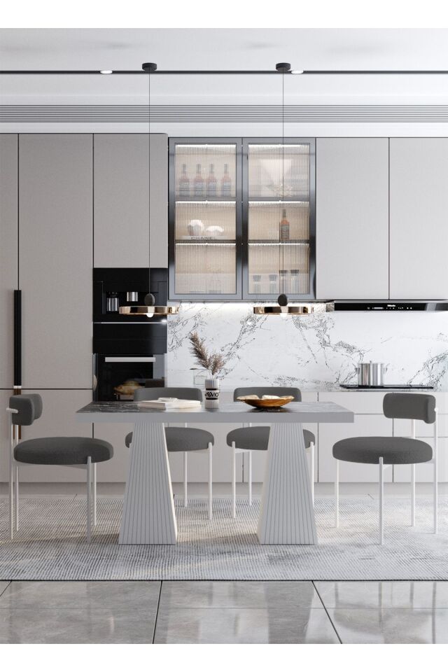 LUCİNA Lake MDF Ayak Teddy Sandalye 80x140 Yemek Masası Mutfak Masası 4 Kişilik Masa Sandalye Takım