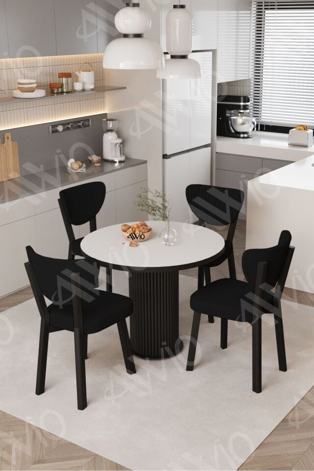 Elma Yuvarlak Beyaz Mutfak Masa 4 Adet Sandalyeli Takım