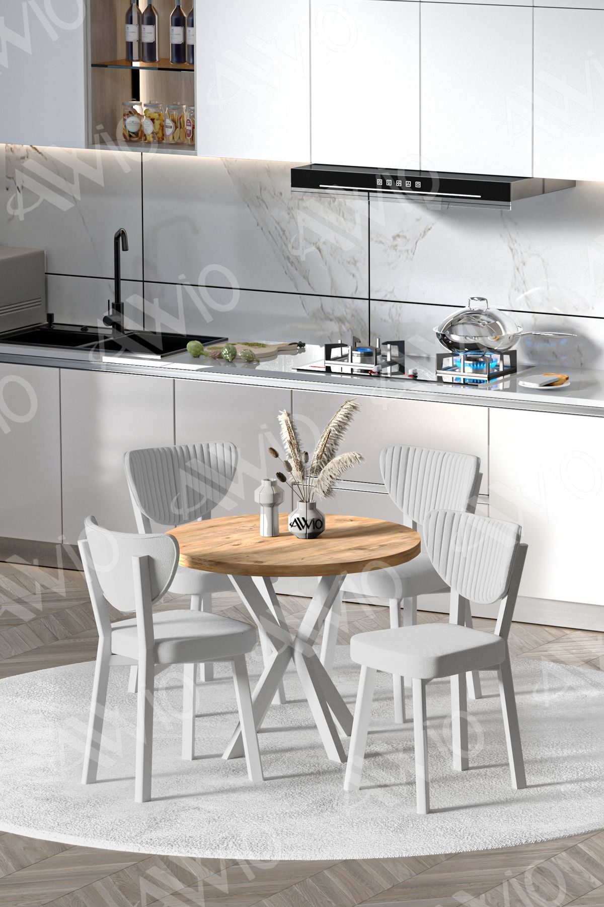 ARTE  Beyaz Elma Sandalye 90X90 Yuvarlak Yemek Masası Mutfak Masası 4 Kişilik Masa Sandalye Takımı