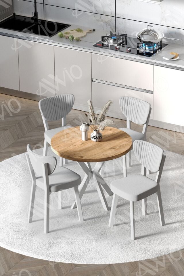 ARTE  Beyaz Elma Sandalye 90X90 Yuvarlak Yemek Masası Mutfak Masası 4 Kişilik Masa Sandalye Takımı