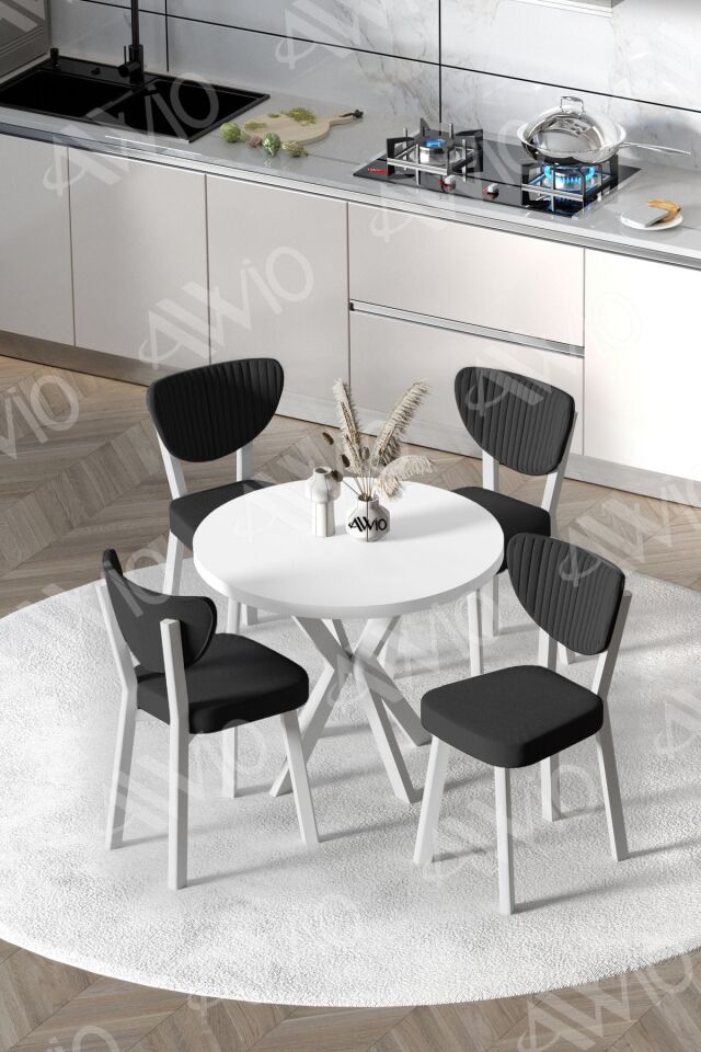 ARTE  Beyaz Elma Sandalye 90X90 Yuvarlak Yemek Masası Mutfak Masası 4 Kişilik Masa Sandalye Takımı