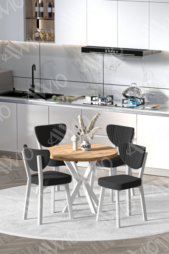 ARTE  Beyaz Elma Sandalye 90X90 Yuvarlak Yemek Masası Mutfak Masası 4 Kişilik Masa Sandalye Takımı