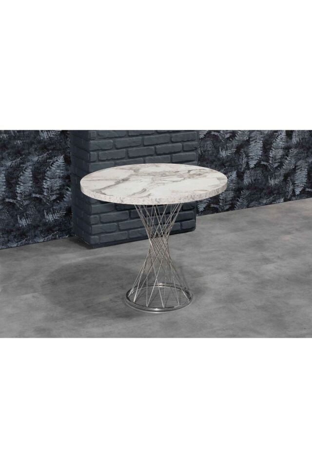 Avvio 90x90 Luna Beyaz Mermer Görünümlü Gümüş Hasırlı Mutfak Masası