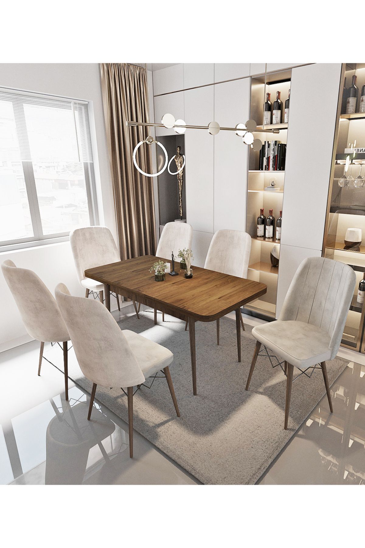 Sümela 80x130(KAPALI) 80x170(AÇIK) Yemek Masası Takımı Mutfak Masası Takımı Krem 6 Sandalyeli