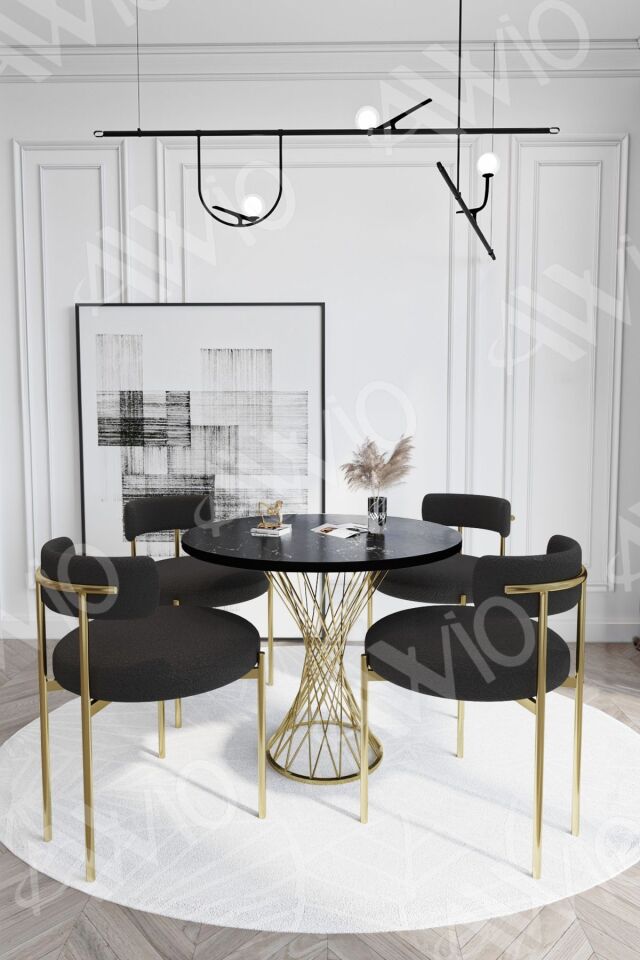 Pienna MAT GOLD Teddy Sandalye 90x90 Yuvarlak Yemek Masası Mutfak Masası  Masa Sandalye Takımı