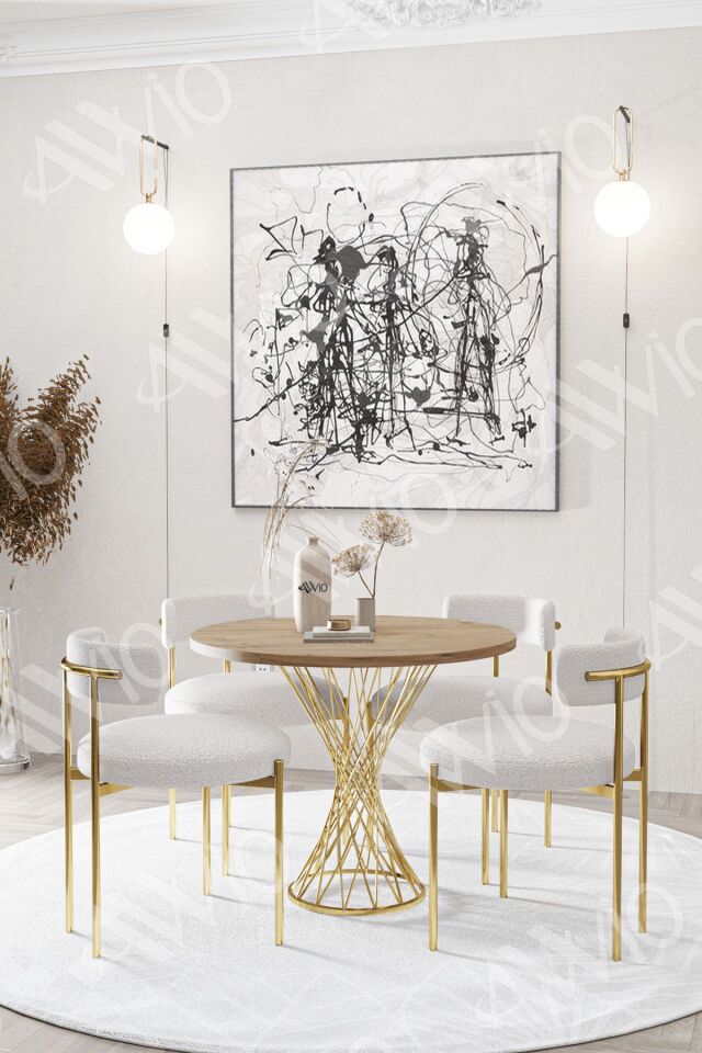 Lisa MAT GOLD Teddy Sandalye 90x90 Yuvarlak Yemek Masası Mutfak Masası  Masa Sandalye Takımı