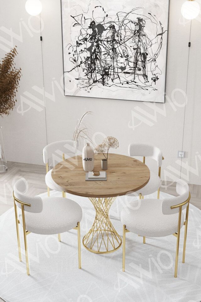 Lisa MAT GOLD Teddy Sandalye 90x90 Yuvarlak Yemek Masası Mutfak Masası  Masa Sandalye Takımı