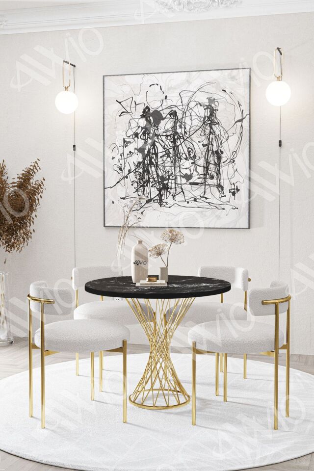 Lisa MAT GOLD Teddy Sandalye 90x90 Yuvarlak Yemek Masası Mutfak Masası  Masa Sandalye Takımı