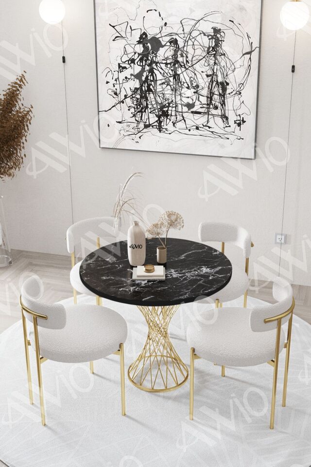 Lisa MAT GOLD Teddy Sandalye 90x90 Yuvarlak Yemek Masası Mutfak Masası  Masa Sandalye Takımı