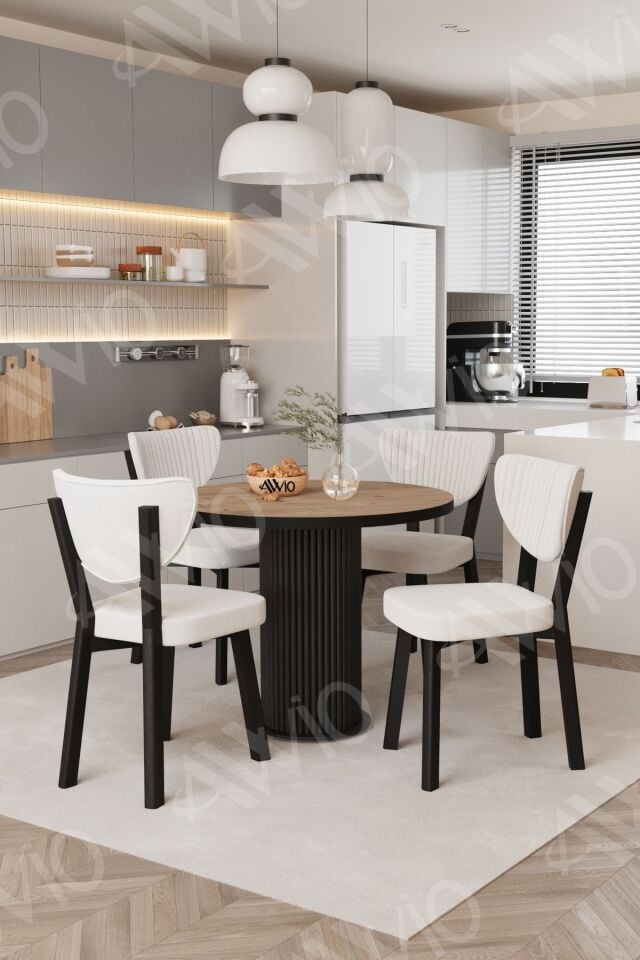 Elma Yuvarlak Ceviz Mutfak Masa 4 Adet Sandalyeli Takım