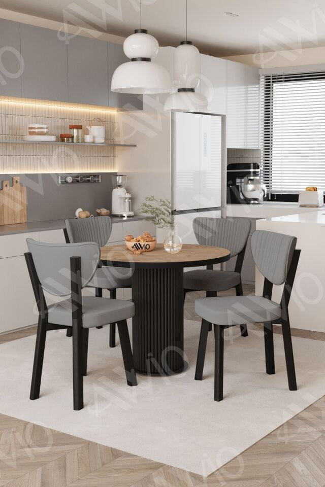 Elma Yuvarlak Ceviz Mutfak Masa 4 Adet Sandalyeli Takım