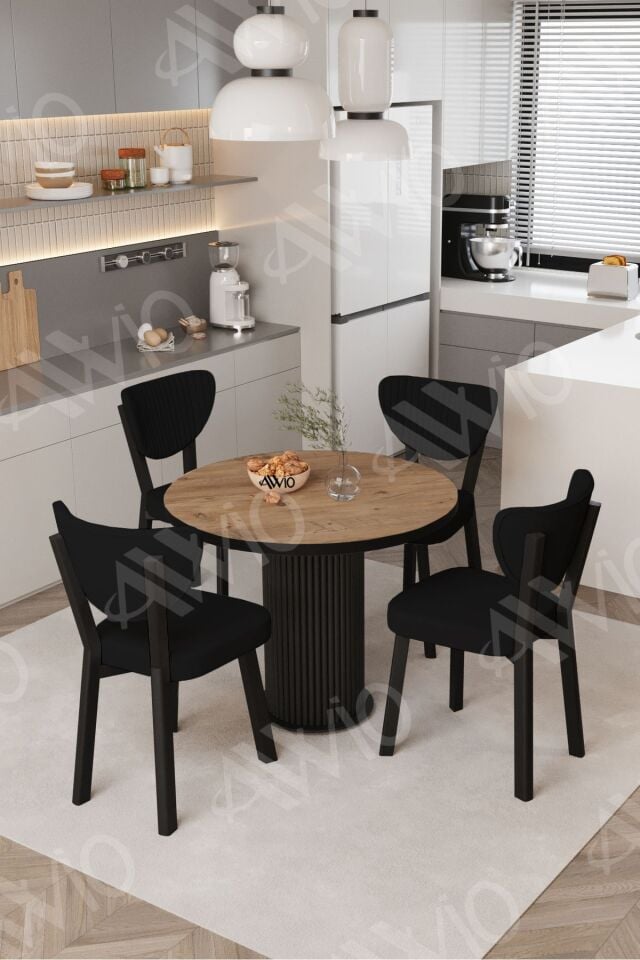 Elma Yuvarlak Ceviz Mutfak Masa 4 Adet Sandalyeli Takım