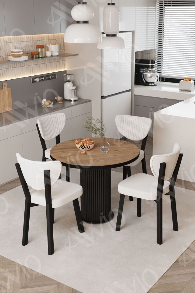 Elma Yuvarlak Ceviz Mutfak Masa 4 Adet Sandalyeli Takım