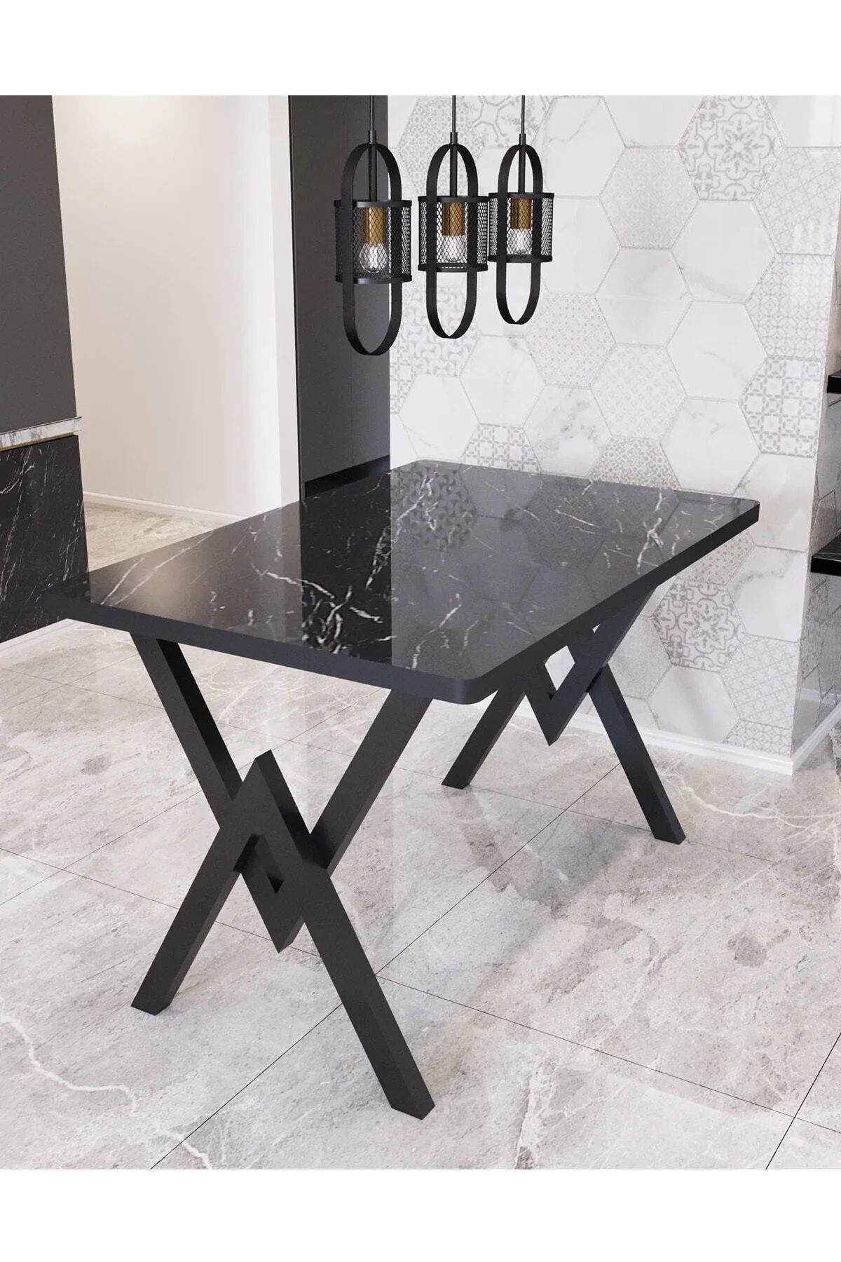 80x140 Alara Mutfak Masası Yemek Masası Balkon Masası Cafe Masası SİYAH MERMER - 80X140