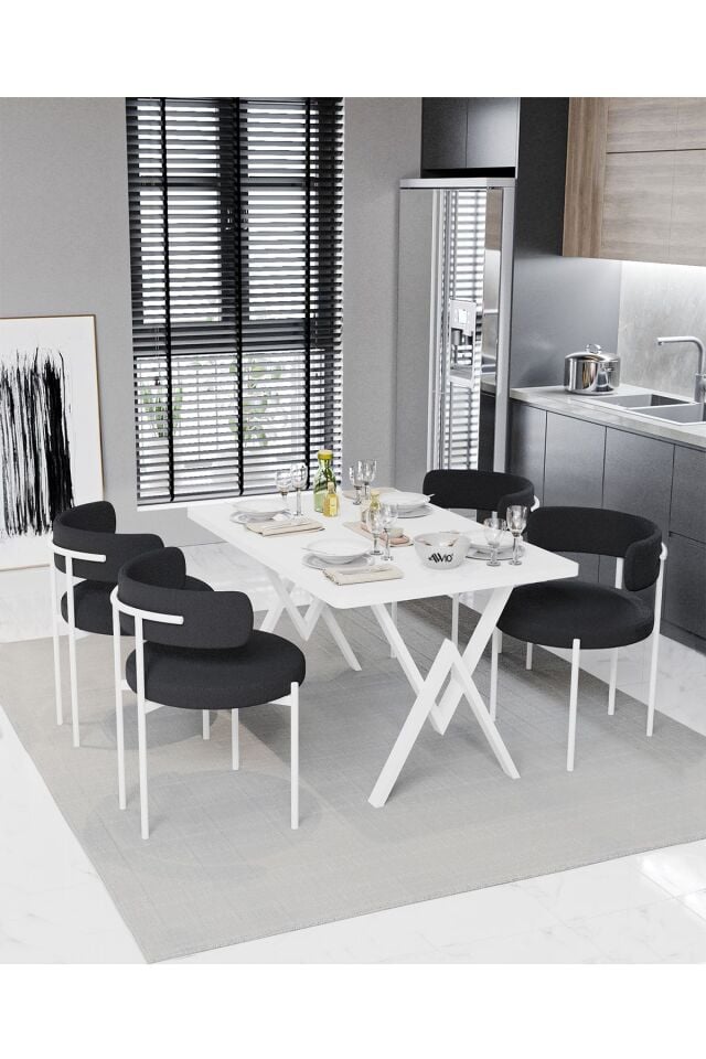 Majer Beyaz Teddy Sandalye 80x120 Yemek Masası Mutfak Masası 4 Kişilik Masa Sandalye Takımı