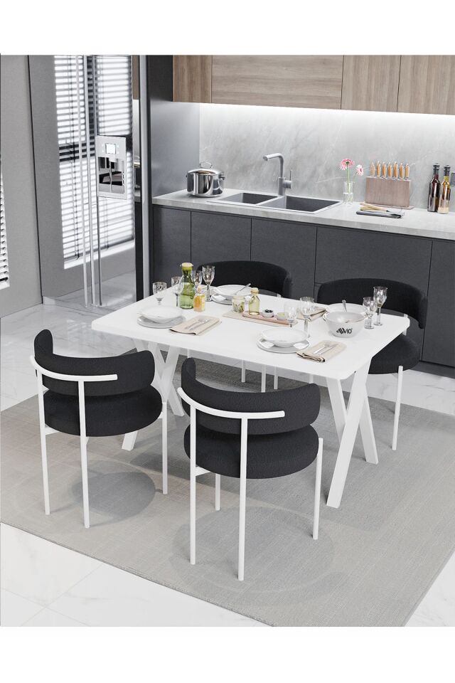 Majer Beyaz Teddy Sandalye 80x120 Yemek Masası Mutfak Masası 4 Kişilik Masa Sandalye Takımı