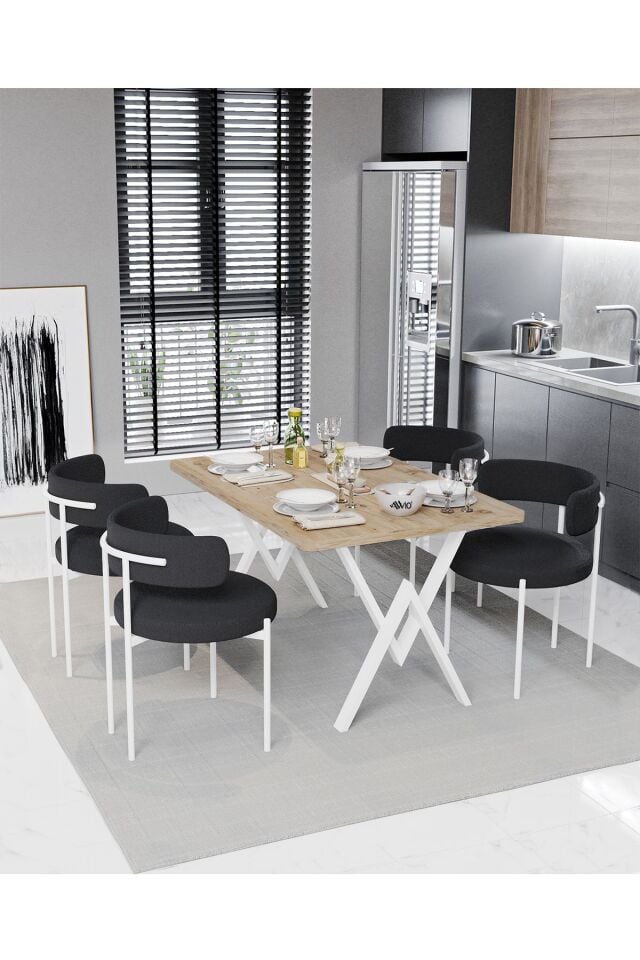 Majer Beyaz Teddy Sandalye 80x120 Yemek Masası Mutfak Masası 4 Kişilik Masa Sandalye Takımı