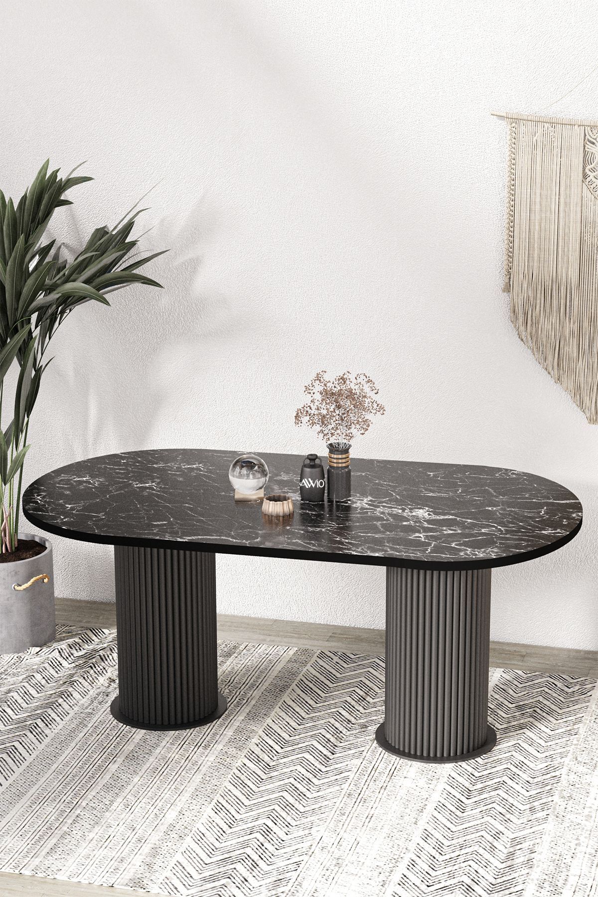 Brita PTT LAKE MDF BEYAZ AYAKLI 80x180 MUTFAK MASASI YEMEK MASASI SİYAH MERMER - 80X180