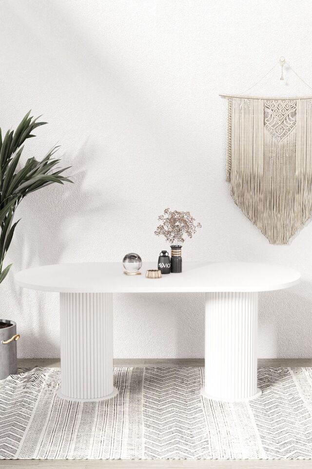 Kiev Bohem Beyaz Ayaklı 80x180 Yemek Masası & Mutfak Masası & Salon Masası Masa Sandalye Takımı BEYAZ - 80X180