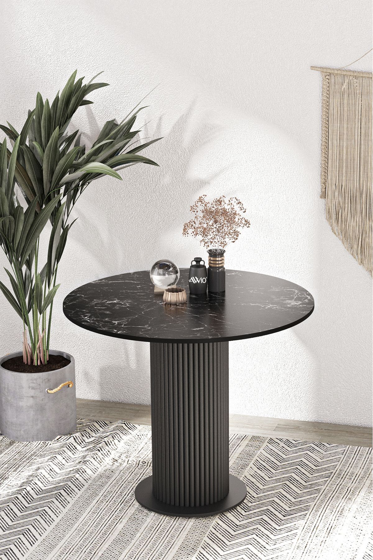 LİLA 90X90 YUVARLAK MUTFAK MASASI YEMEK ODASI MASASI SİYAH MERMER - 90x90