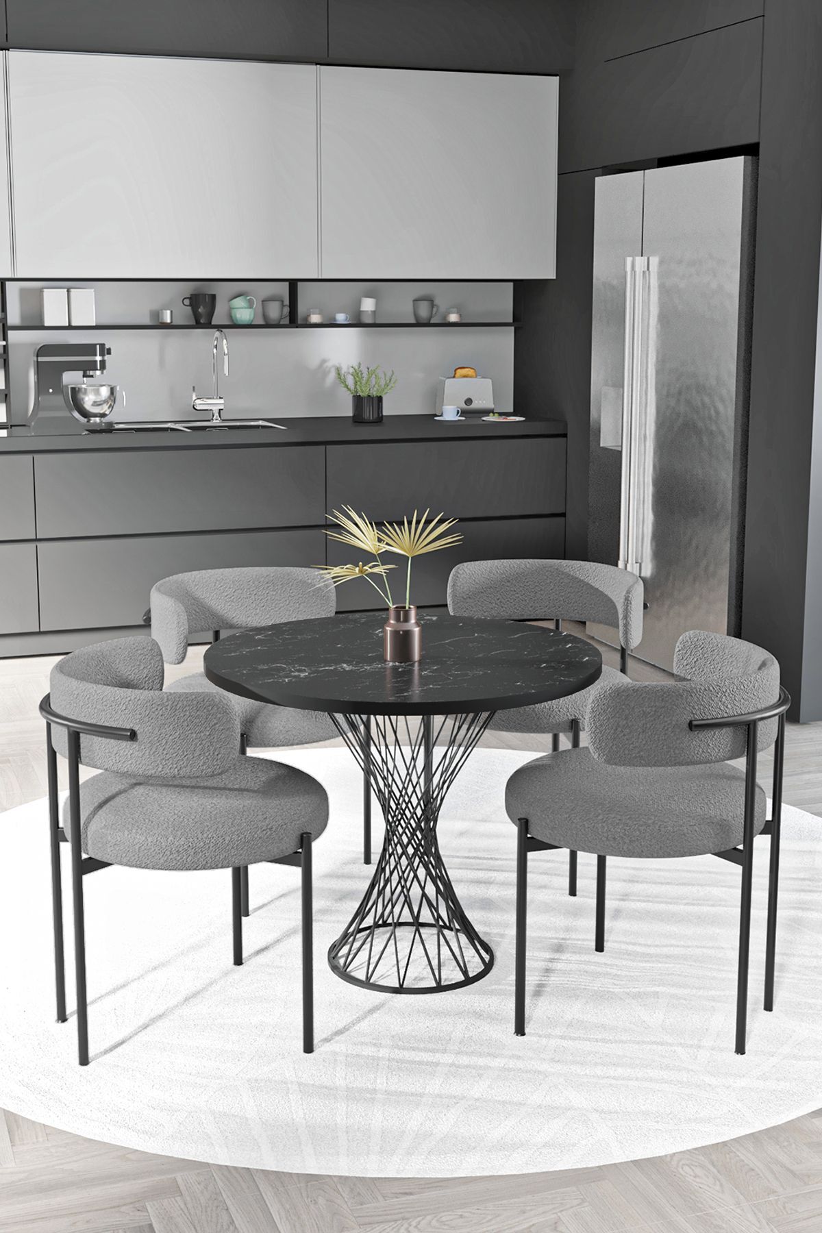 Metal Teddy Sandalye 90x90 Yuvarlak Kum Saati Ayak Mutfak Masası Takımı Yemek Masası Takımı