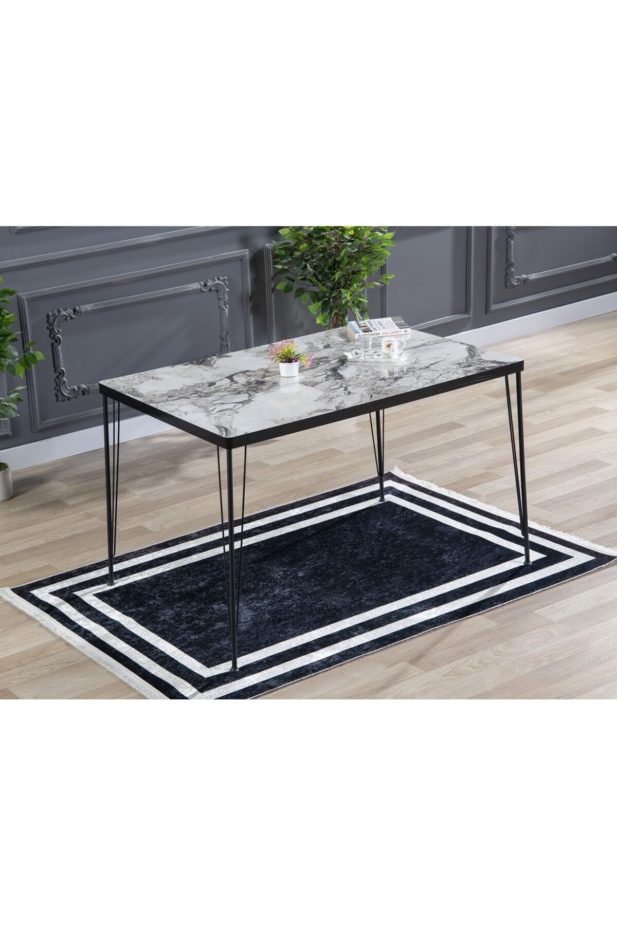 Beren Yemek Masası Takımı-mutfak Masası Takımı Mermer Görünümlü 80x120 Oval Kenar BEYAZ MERMER - 80x120