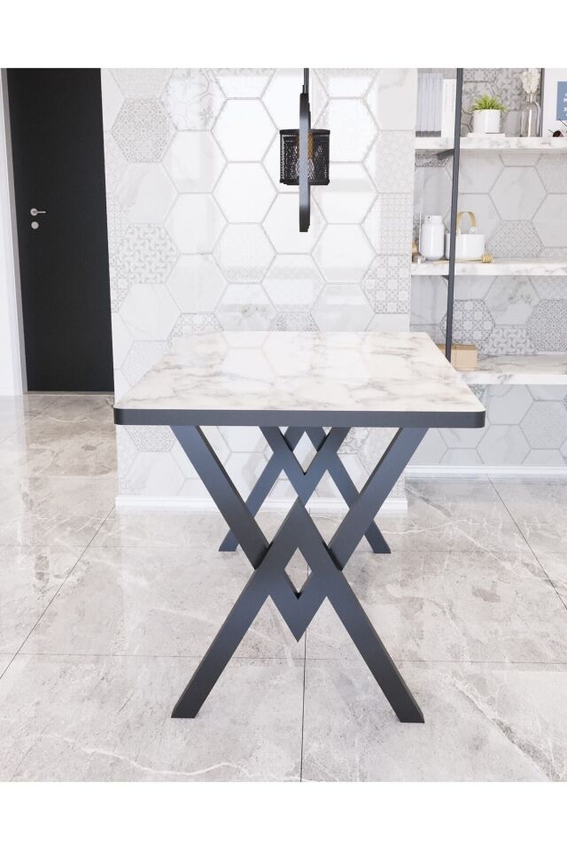 Alara Mutfak Masası Yemek Masası Balkon Masası Cafe Masası 80X140 BEYAZ MERMER - 80X140