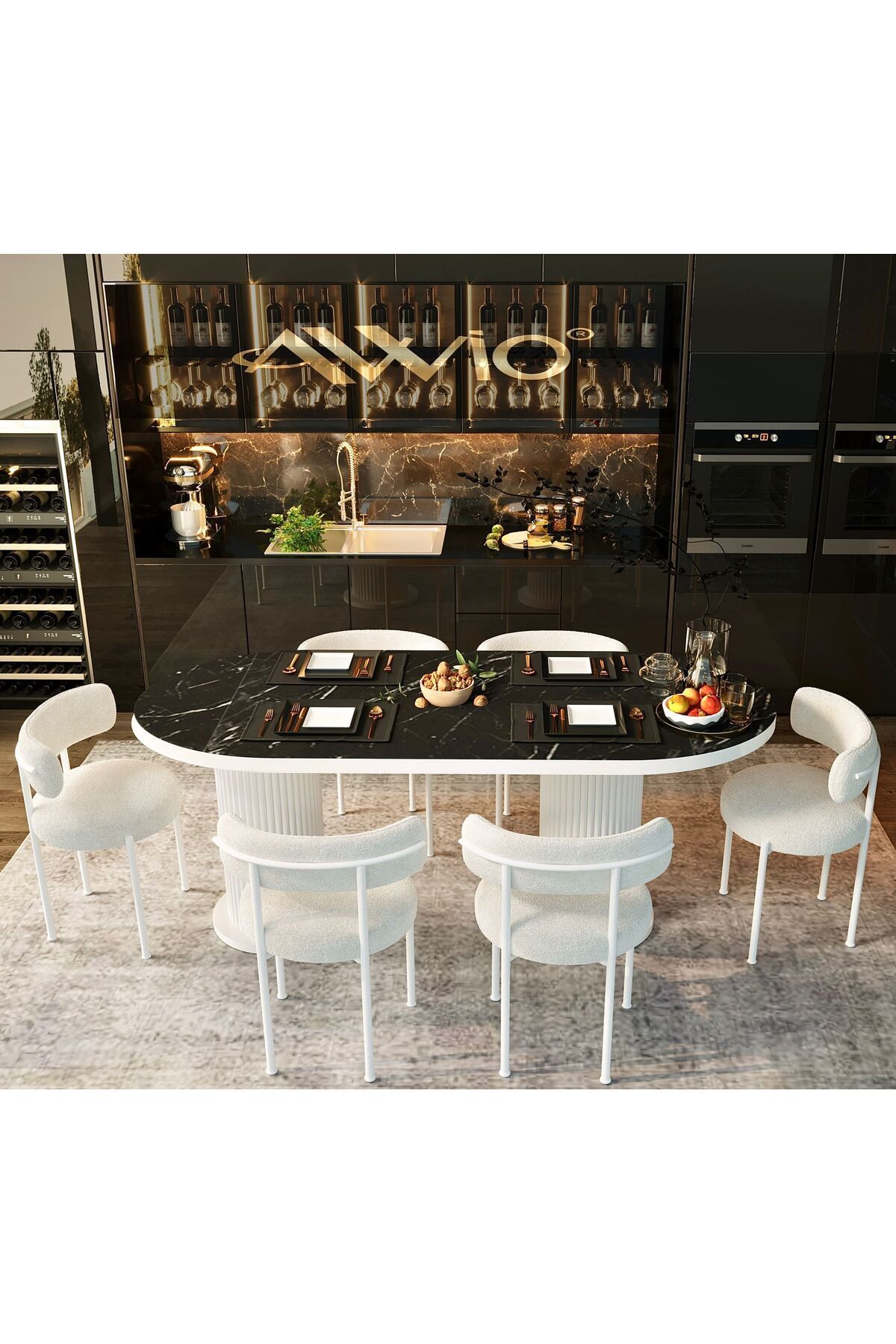 Night Blue  Teddy Sandalye 80x140 Yemek Masası Mutfak Masası 6 Sandalyeli Masa Sandalye Takım