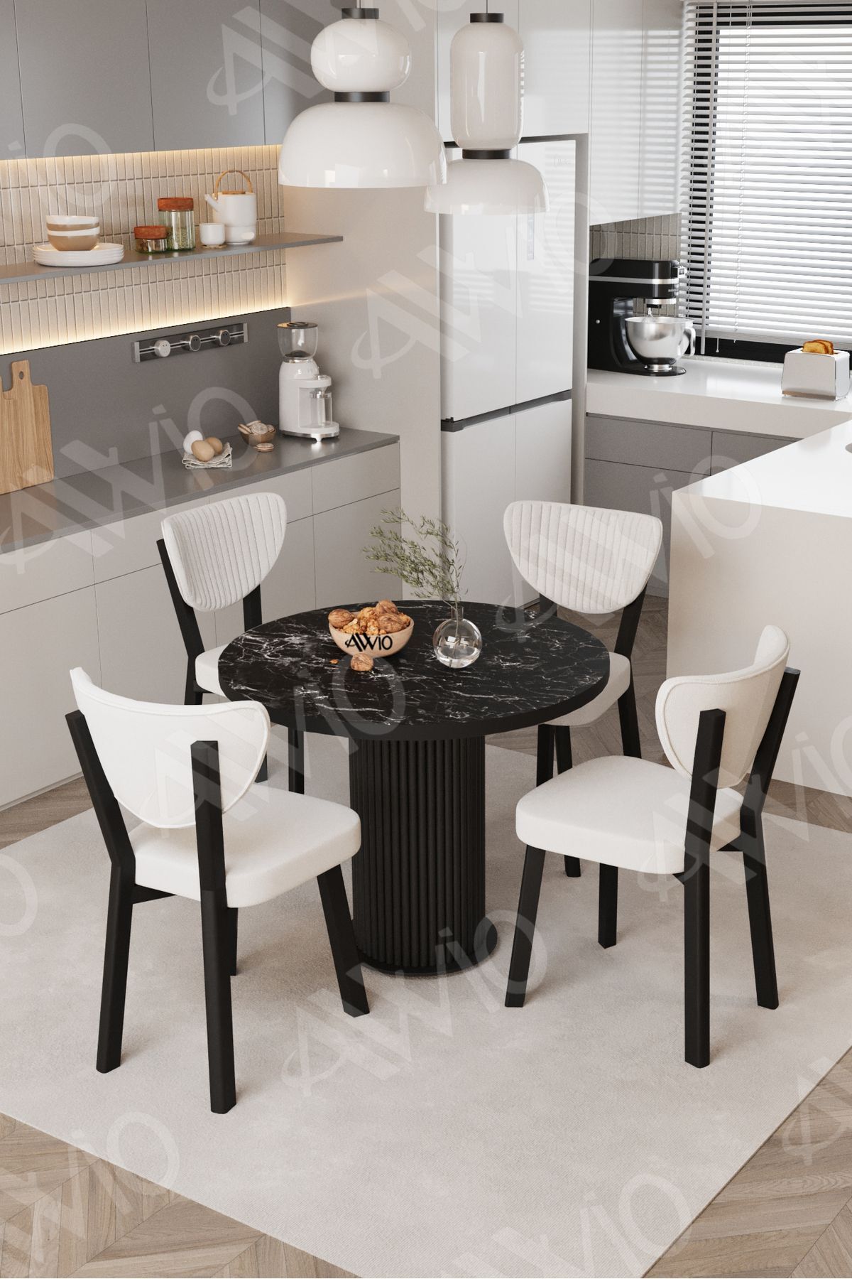 Elma Yuvarlak Siyah Mermer Mutfak Masa 4 Adet Sandalyeli Takım