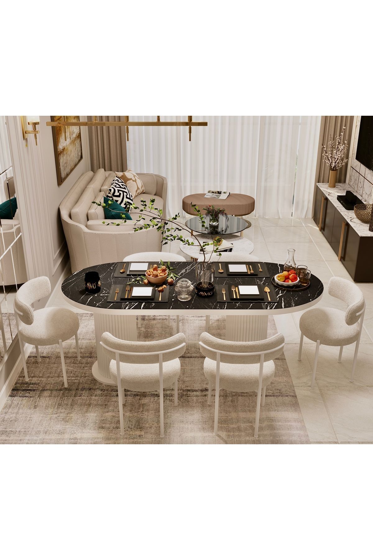 Veyron Bohem Ayak Beyaz Sandalye 80x160 Yemek Masası Mutfak Masası 6 Sandalyeli Masa Sandalye Takım