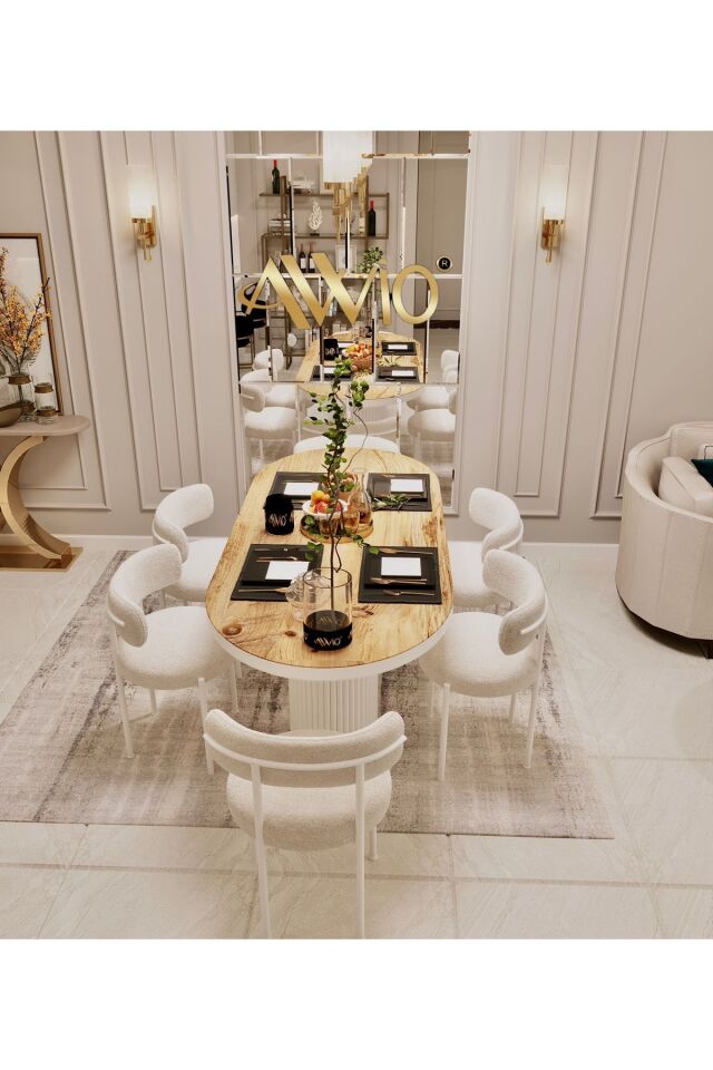 Veyron Bohem Ayak Beyaz Sandalye 80x140 Yemek Masası Mutfak Masası 6 Sandalyeli Masa Sandalye Takım