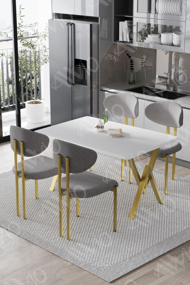 DANTE Mat Gold Lotus Sandalye 80x120 Yemek Masası Mutfak Masası 4 Kişilik Masa Sandalye Takımı
