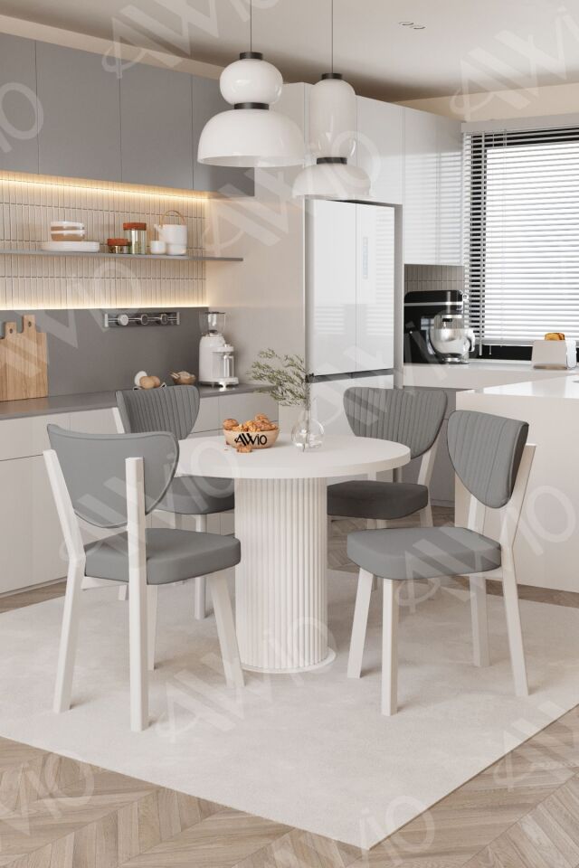 Elma Yuvarlak Beyaz Mutfak Masa 4 Adet Sandalyeli Takım 90x90 cm