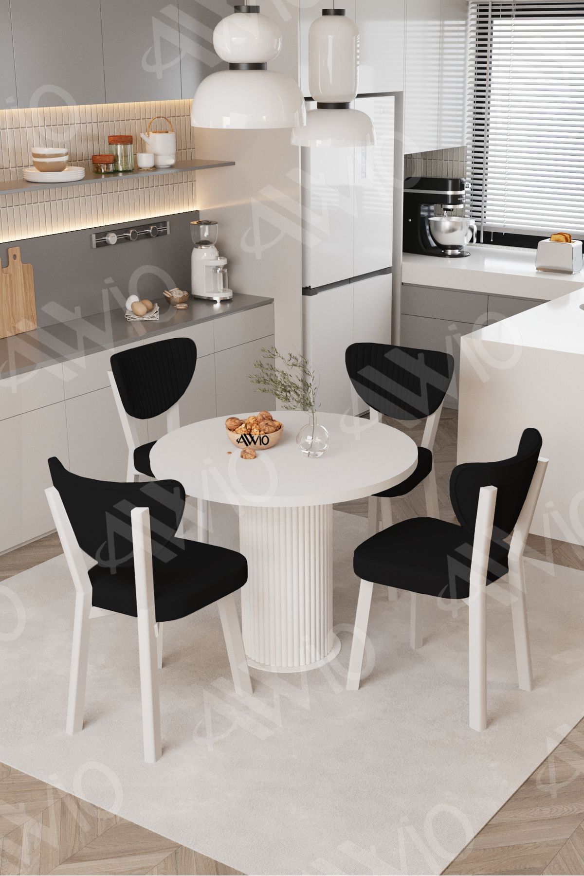 Elma Yuvarlak Beyaz Mutfak Masa 4 Adet Sandalyeli Takım 90x90 cm