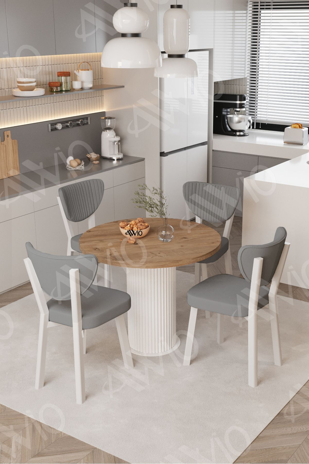 Elma Yuvarlak Ceviz Mutfak Masa 4 Adet Sandalyeli Takım