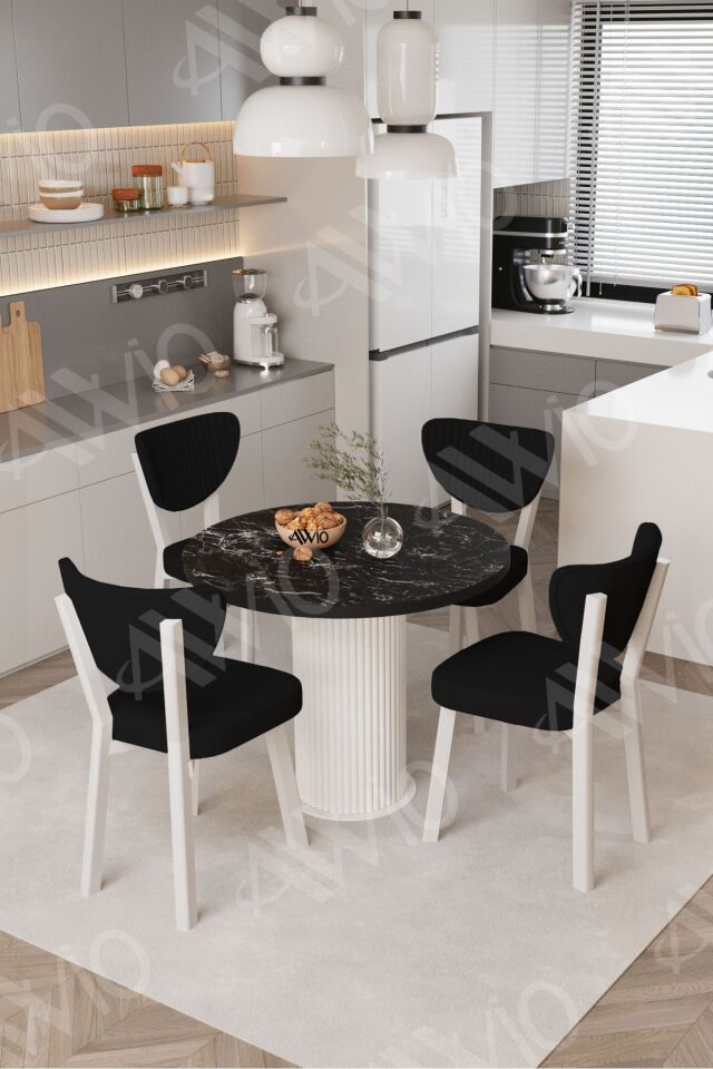 Elma Yuvarlak Siyah Mermer Mutfak Masa 4 Adet Sandalyeli Takım 90x90 cm