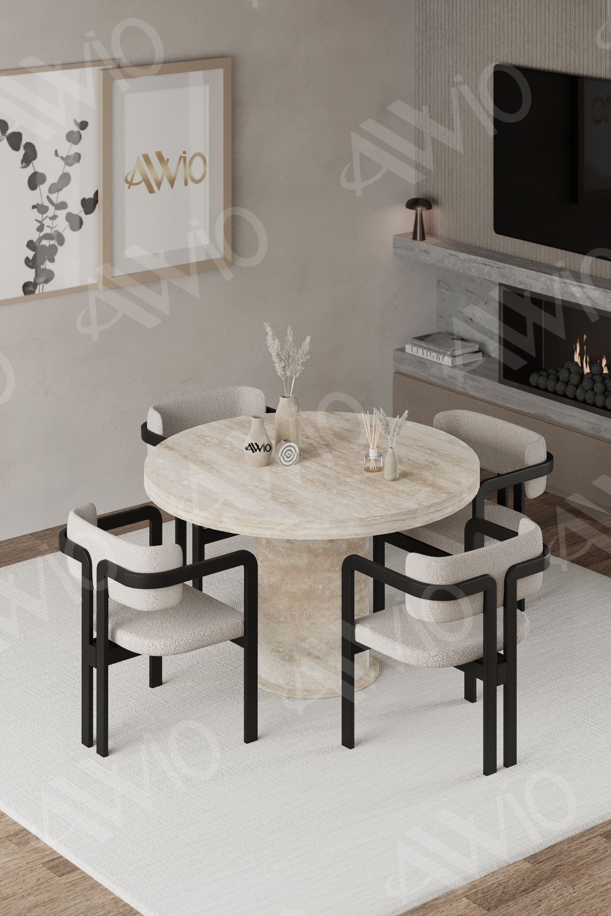 FLOYD Traverten 90X90 YUVARLAK Yemek Masası Mutfak Masası 4 Kişilik Masa Sandalye Takımı