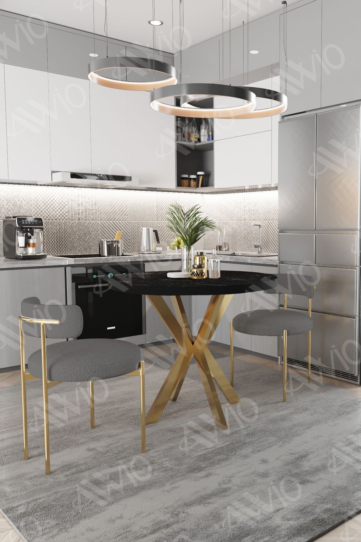 Lena Serisi Teddy Sandalye 90X90 Yuvarlak Yemek Masası Gri Sandalyeli 2 Kişilik Masa Sandalye Takımı