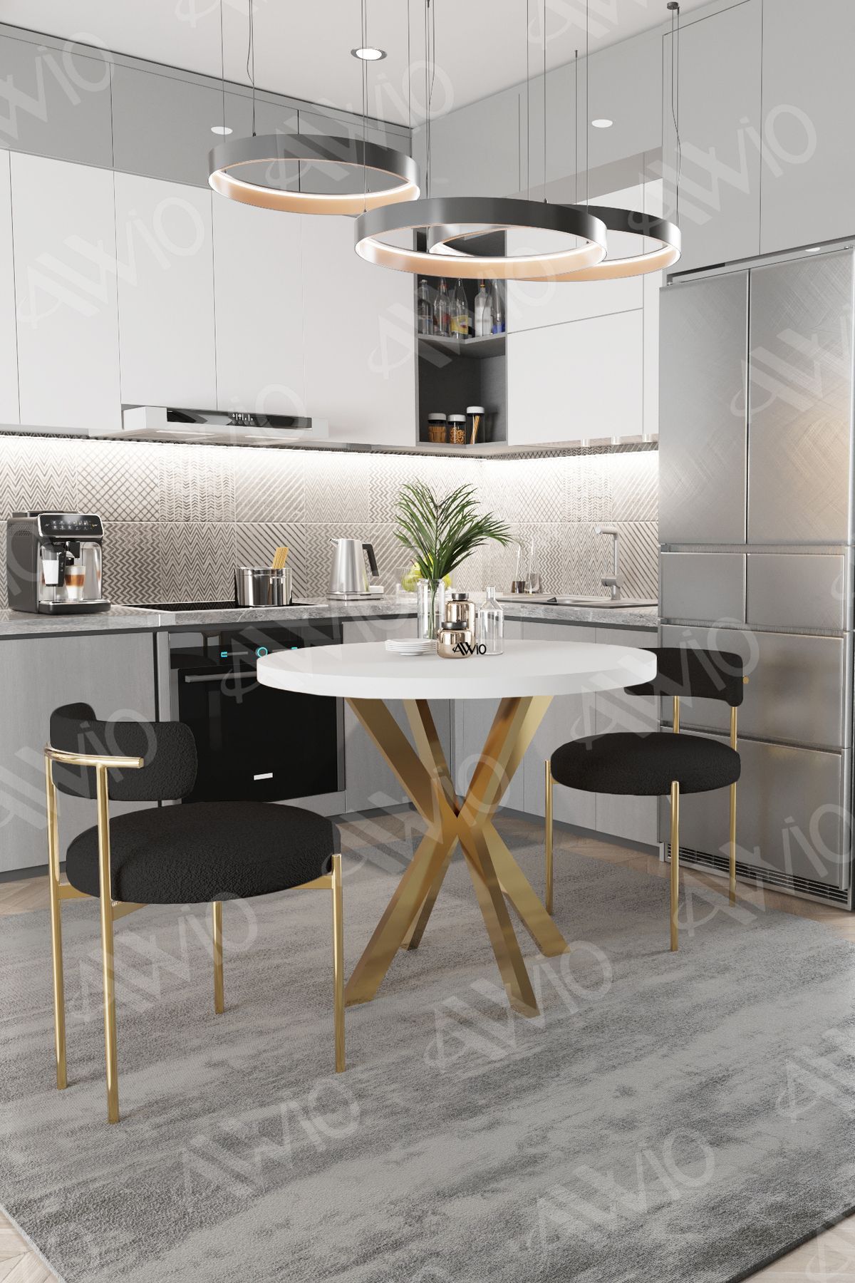 Lena Serisi Teddy Sandalye 90X90 Yuvarlak Yemek Masası Siyah Sandalye 2 Kişilik Masa Sandalye Takımı