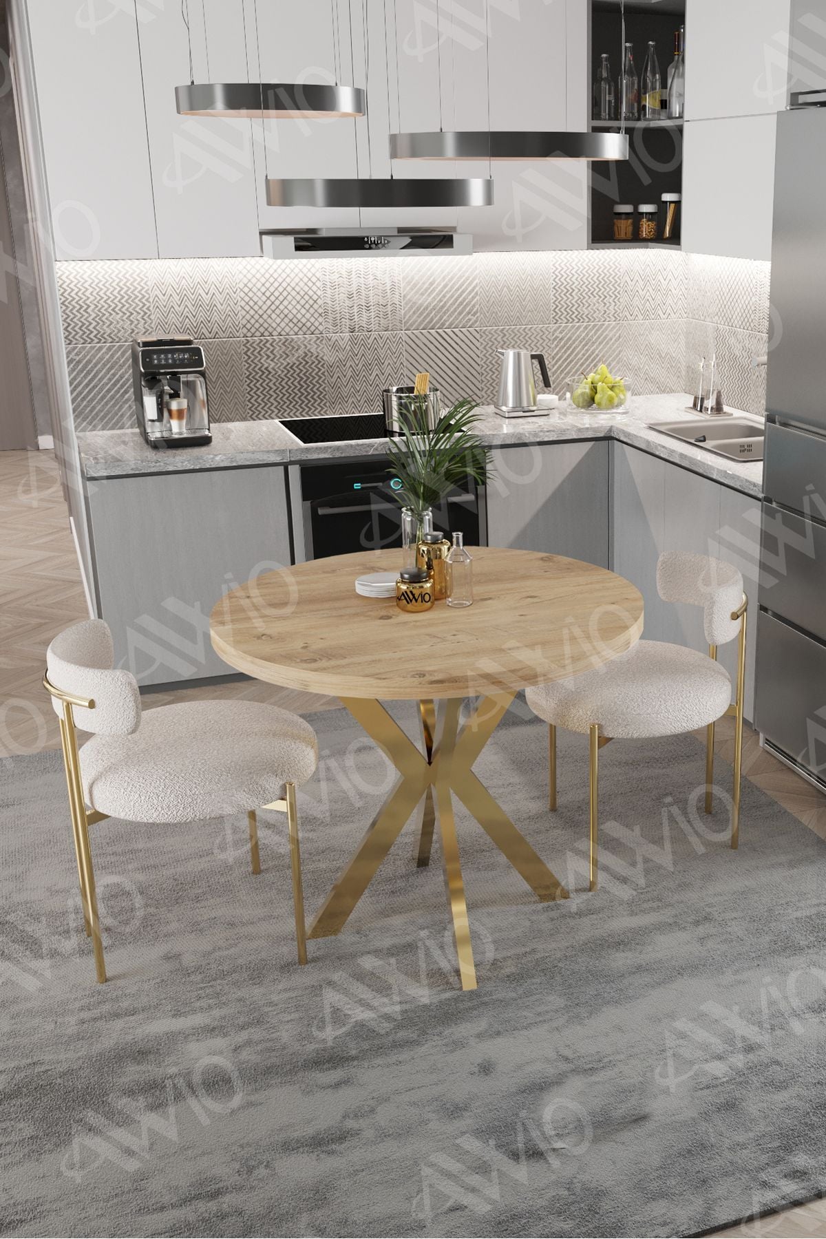 Lena Serisi Teddy Sandalye 90X90 Yuvarlak Yemek Masası Mutfak Masası 2 Kişilik Masa Sandalye Takımı