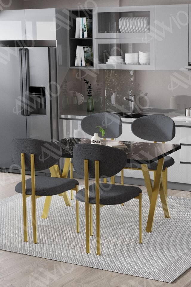 Mirage Mat Gold Lotus 80x120 Yemek Masası Mutfak Masası Ofis Masası 4 Kişilik Masa Sandalye Takımı