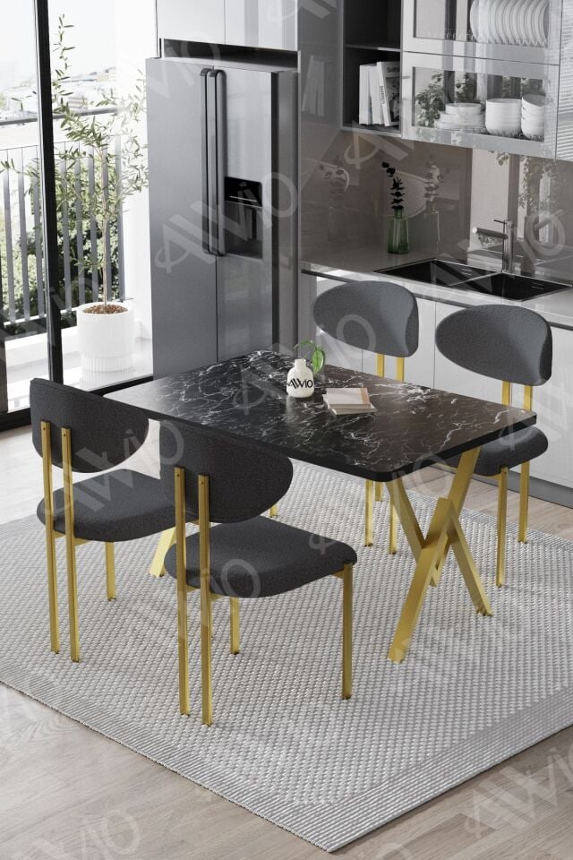 Mirage Mat Gold Lotus 80x120 Yemek Masası Mutfak Masası Ofis Masası 4 Kişilik Masa Sandalye Takımı