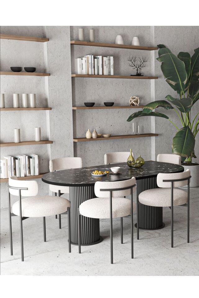 Mina Teddy Sandalye 80x140 Bohem Ayak Yemek Masası Mutfak Masası 6 Kişilik Masa Sandalye Takımı