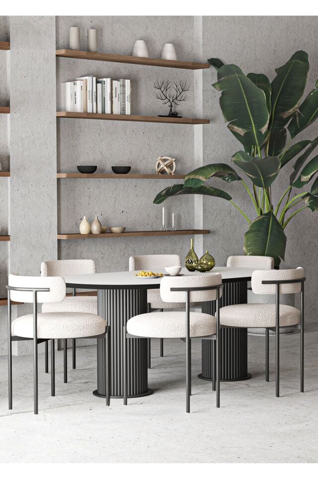 Mina Teddy Sandalye 80x140 Bohem Ayak Yemek Masası Mutfak Masası 6 Kişilik Masa Sandalye Takımı