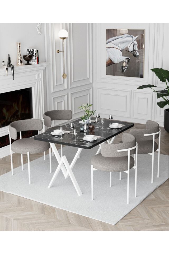 Trend Beyaz Teddy Sandalye 80x120 Yemek Masası Mutfak Masası 4 Kişilik Masa Sandalye Takımı